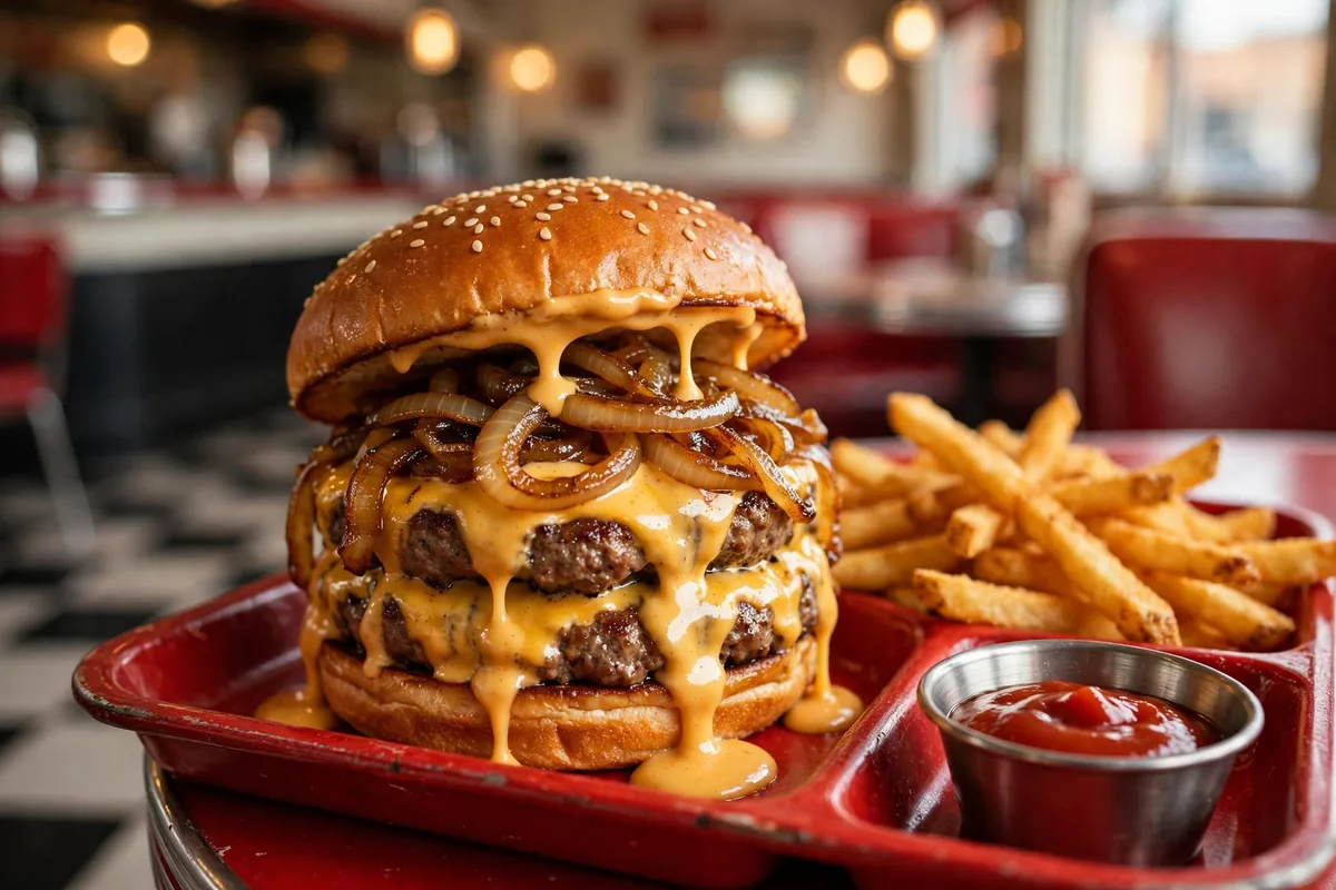 Johnny Rockets menu double cheeseburger with fries and ketchup