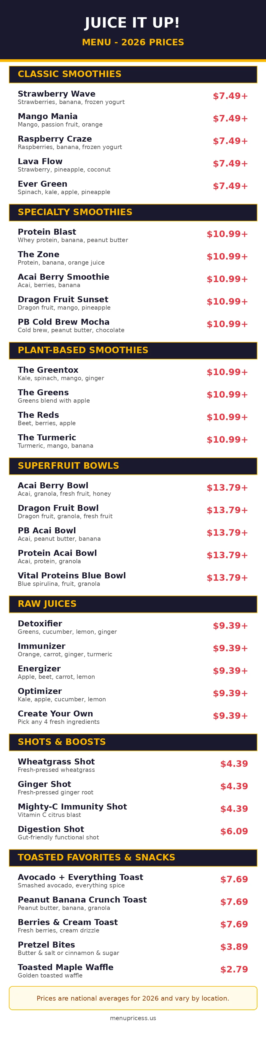 Juice It Up menu prices 2026 full menu card