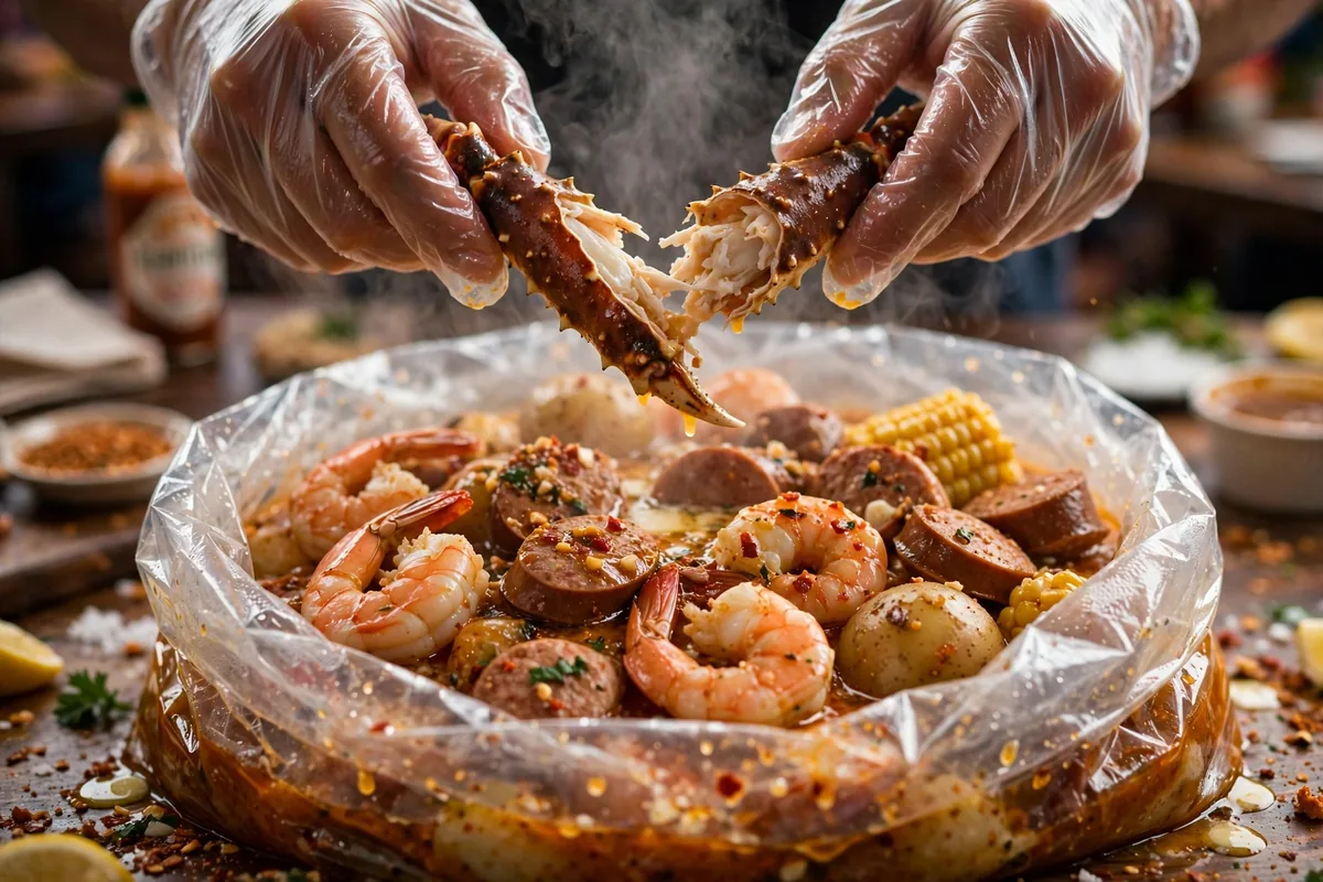 Juicy Crab menu prices: cracking snow crab legs over a steaming seafood boil bag