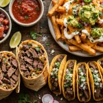 Julioberto's Fresh Mexican Food menu prices 2026: carne asada burrito, mini tacos and loaded fries spread