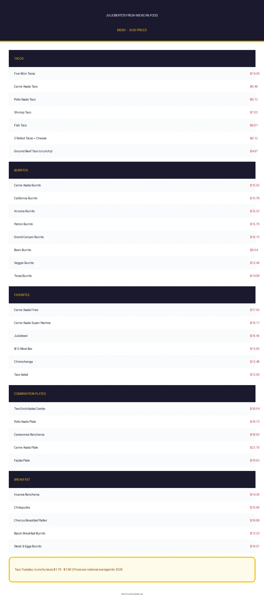 Julioberto's Fresh Mexican Food menu prices 2026 card with tacos, burritos and favorites prices