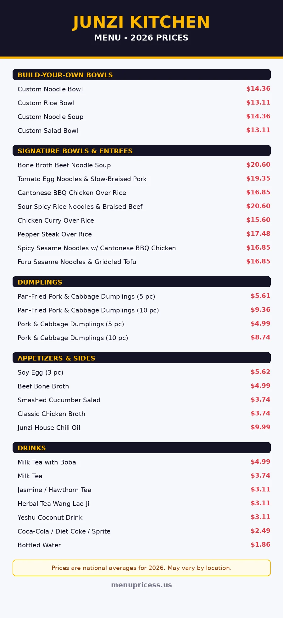 Junzi Kitchen menu prices 2026 menu card