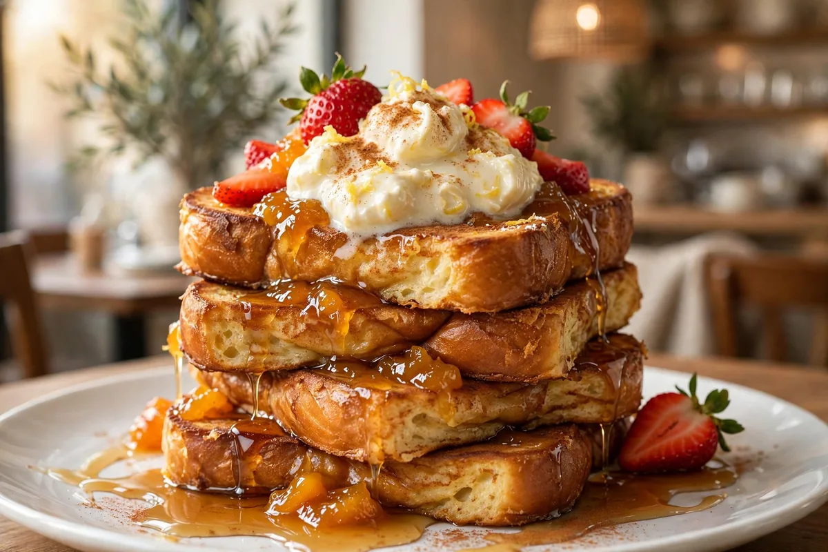 Kanela breakfast club menu calories 2026 challah French toast with lemon creme fraiche and strawberries