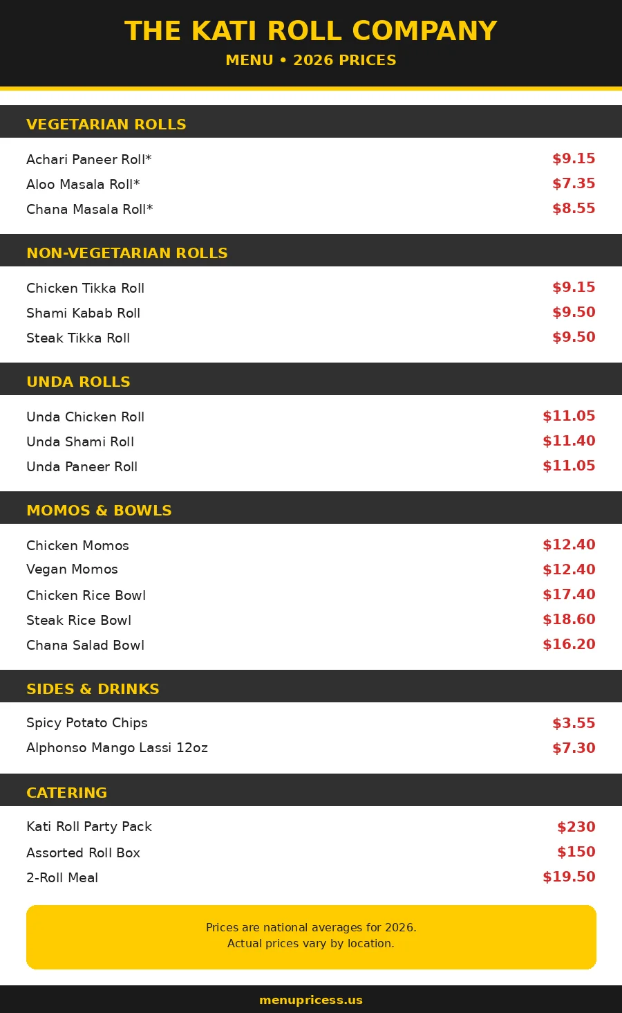 Kati Roll Company menu prices 2026 menu card graphic