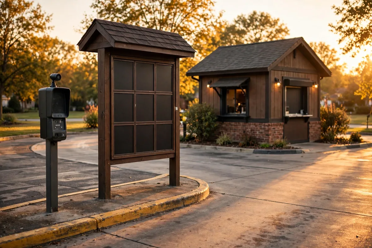 Kelly's Roast Beef drive-thru menu board at golden hour