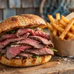 Kelly's Roast Beef menu with famous roast beef sandwich and fries