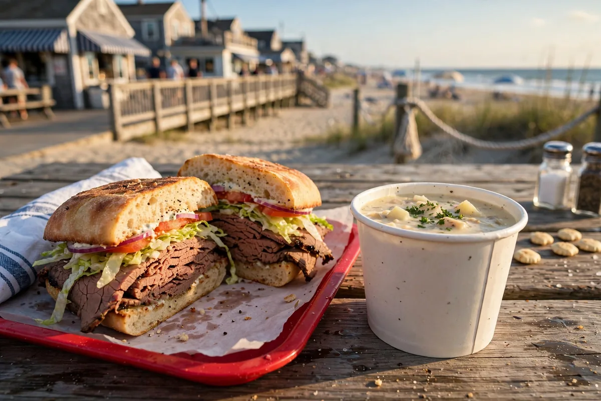 Kelly's Roast Beef roast beef sandwich and clam chowder at the beach location