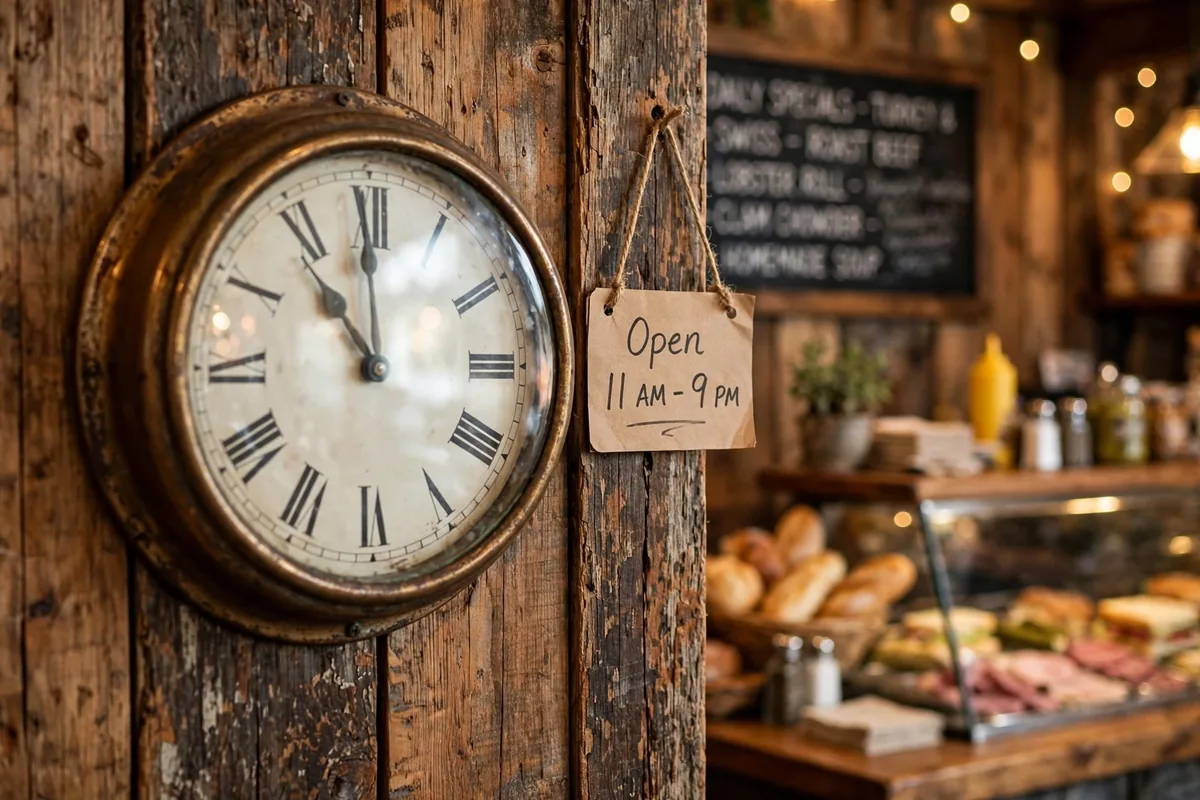 Kelly's Roast Beef working hours sign and clock showing opening time