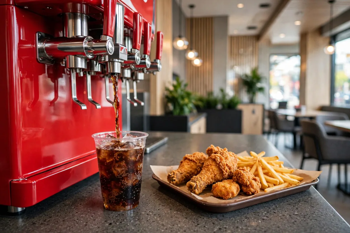 KFC Coca-Cola switch: soda fountain pouring Coca-Cola next to a fried chicken meal