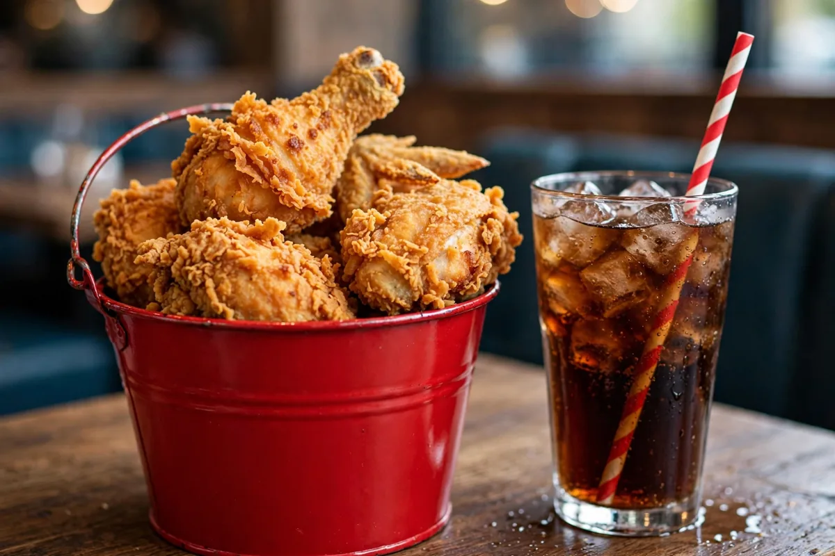 KFC Coca-Cola partnership: fried chicken bucket with a glass of cola at a restaurant table
