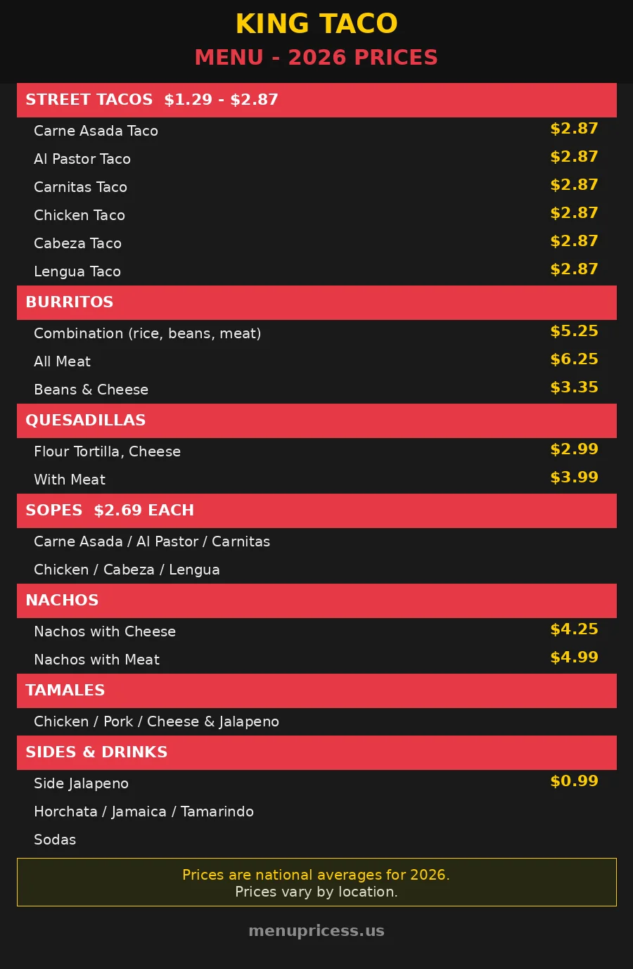 King Taco menu card with 2026 prices tacos burritos sopes