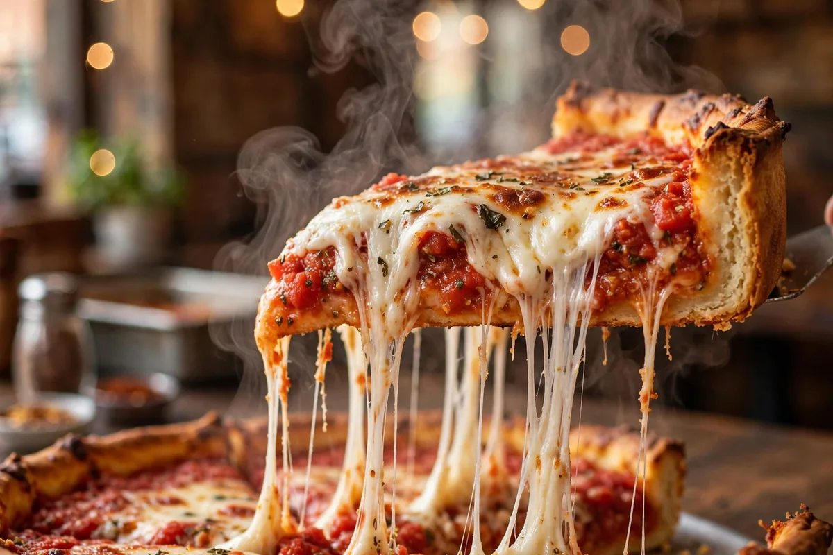 Knollas Chicago style pizza slice with melted cheese