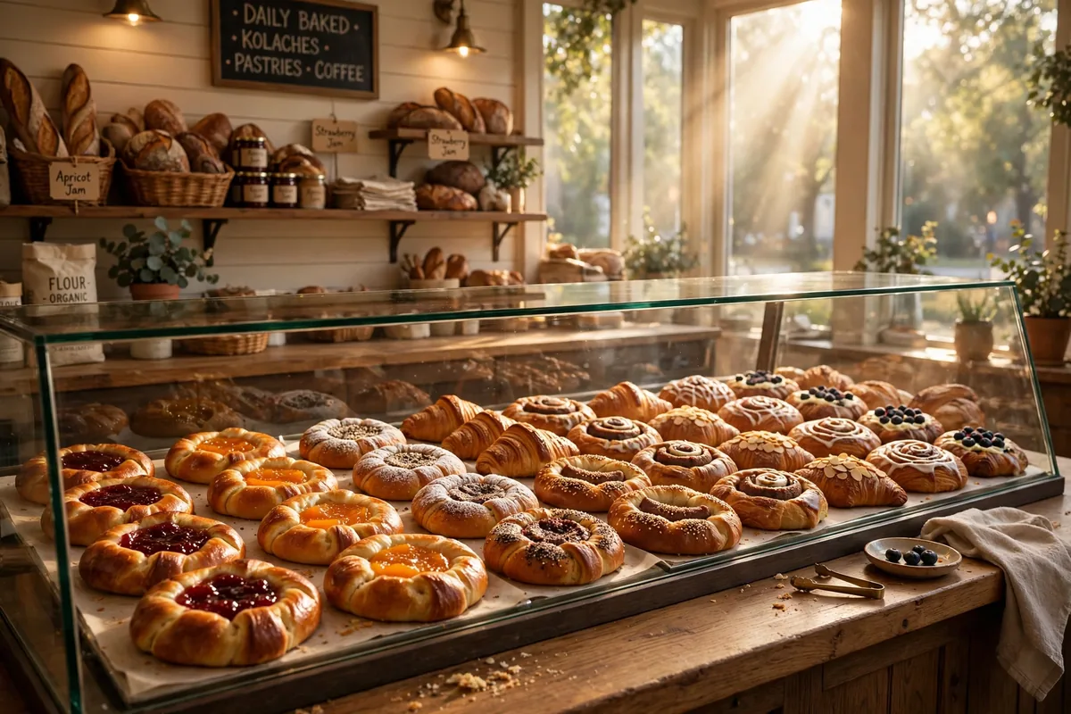 Kolache Factory breakfast menu prices fresh kolache bakery display