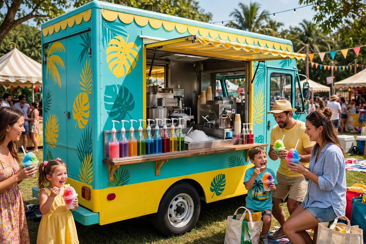 Kona Ice menu prices 2026 tropical truck with Flavorwave syrup dispensers at a festival