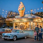Kopps frozen custard locations guide: retro frozen custard stand at dusk.