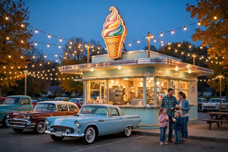Kopps frozen custard locations guide: retro frozen custard stand at dusk.