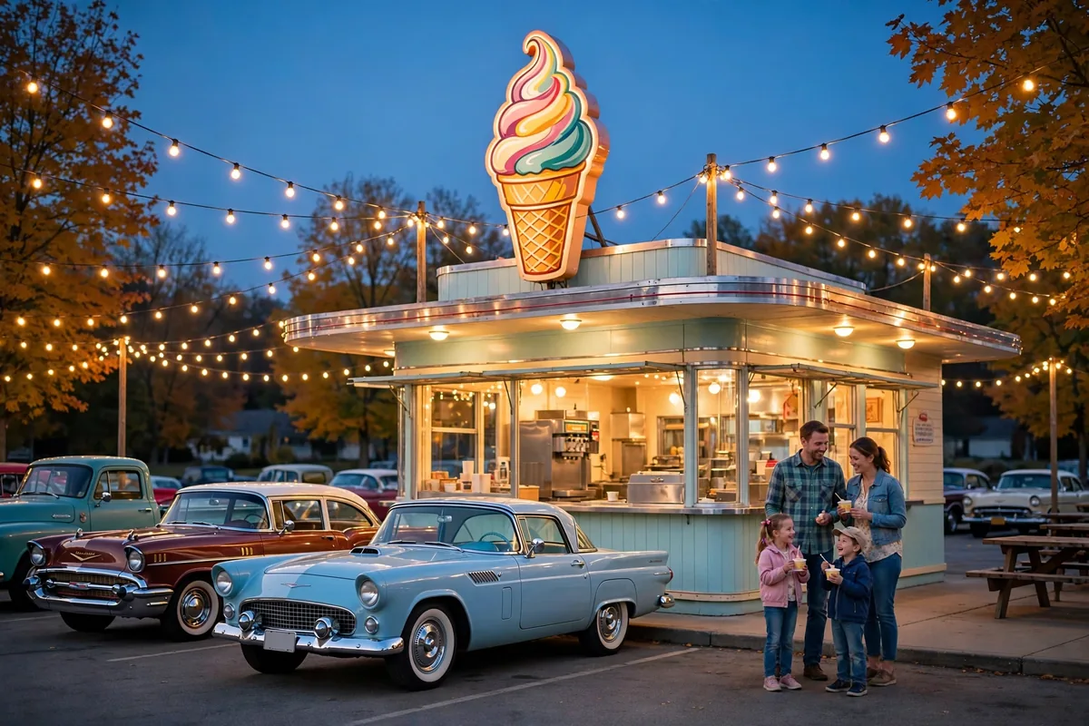 Kopps frozen custard locations guide: retro frozen custard stand at dusk.