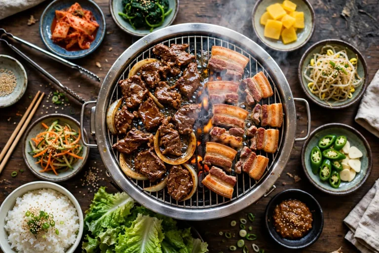 KPOT Korean BBQ menu prices 2026: Korean BBQ tabletop grill spread with bulgogi and pork belly