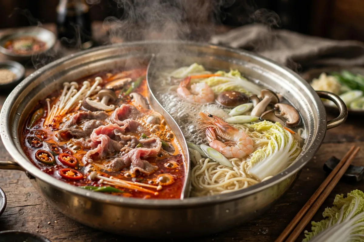 KPOT Korean BBQ menu hot pot: divided hot pot with spicy miso and original beef broths