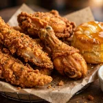 Krispy Krunchy Chicken menu with crispy fried chicken tenders and honey butter biscuit