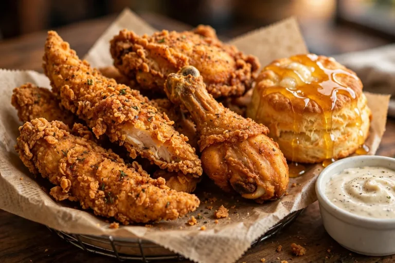 Krispy Krunchy Chicken menu with crispy fried chicken tenders and honey butter biscuit