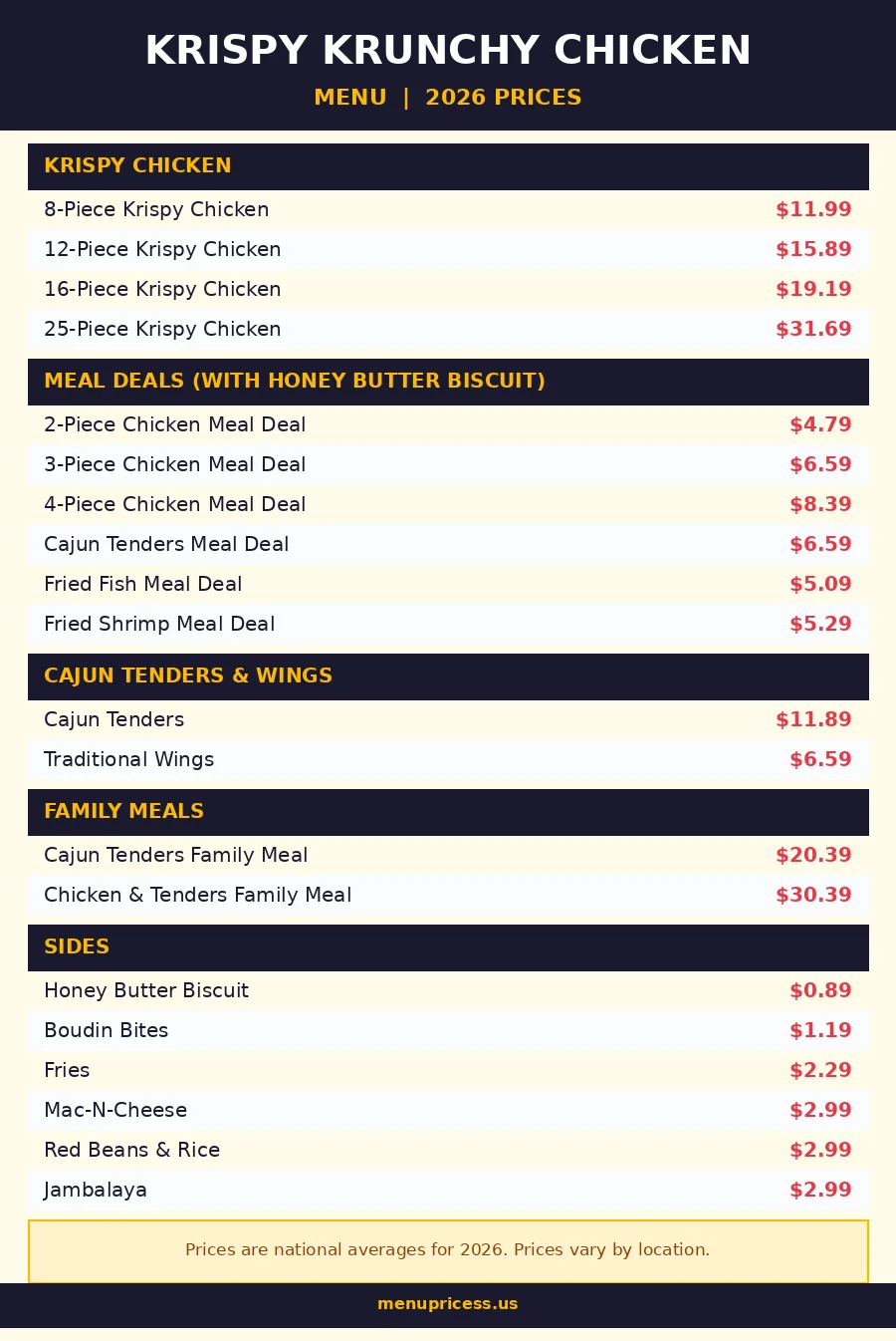 Krispy Krunchy Chicken menu card with prices for 2026