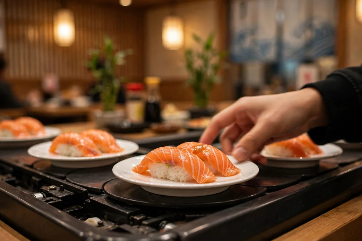 Salmon nigiri plates on the Kura Sushi menu conveyor belt 2026