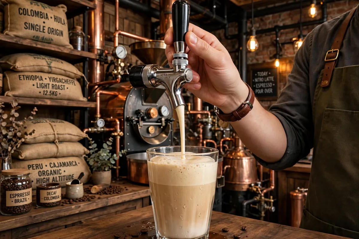 La Colombe cafe barista pouring nitro draft latte from tap