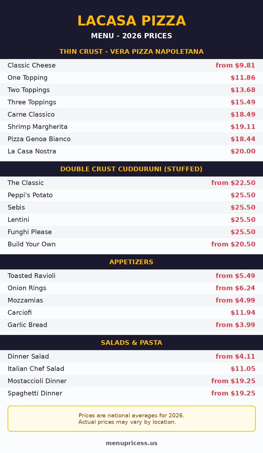 LaCasa pizza menu prices 2026 menu card