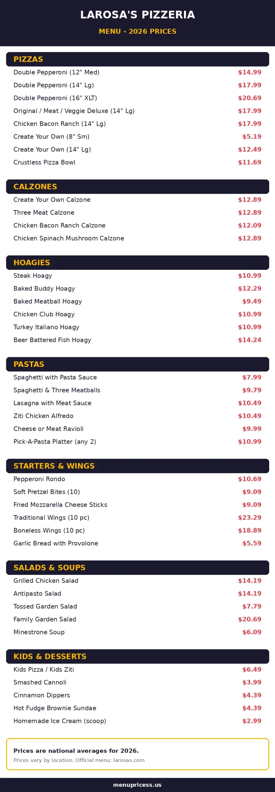 LaRosa's Pizzeria menu prices card 2026 - pizzas, hoagies, pastas and desserts prices