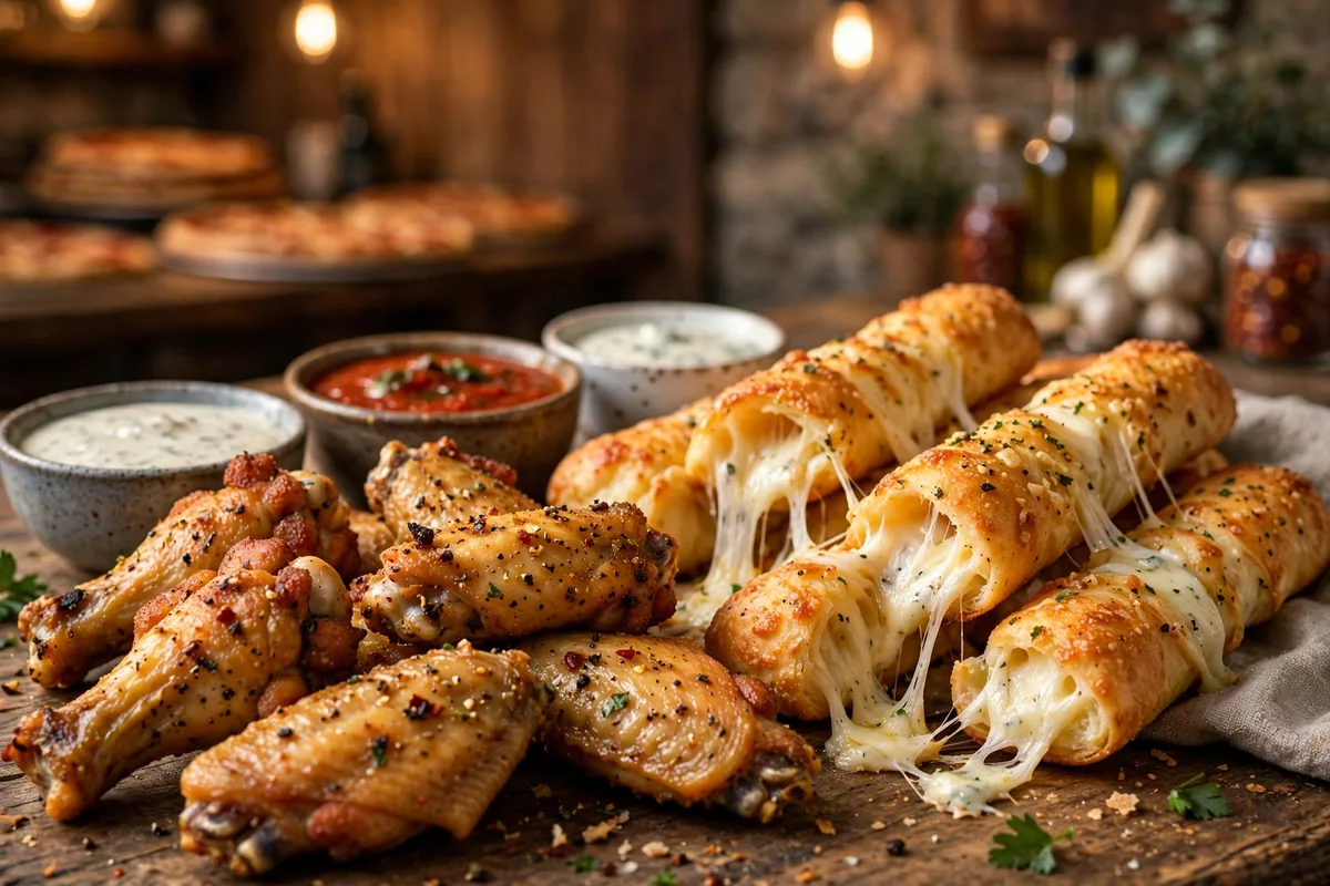 Larry's Pizza menu: crispy chicken wings and gooey cheese sticks with dipping sauces