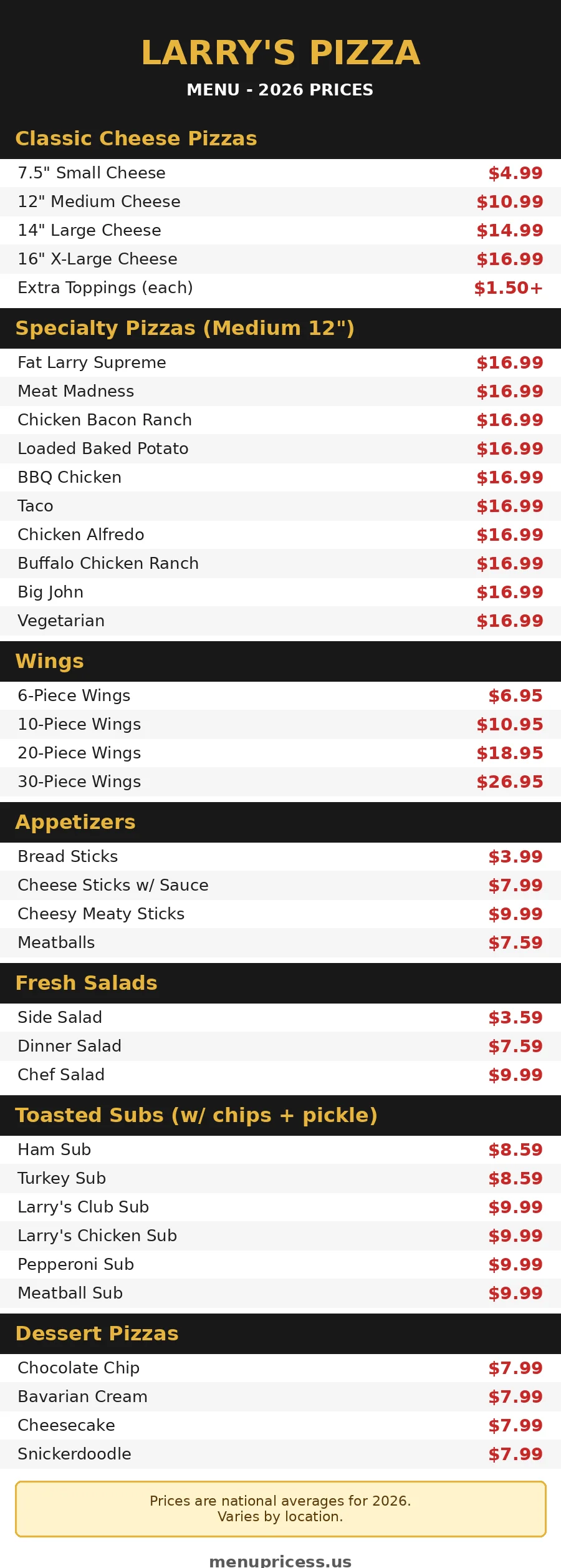 Larry's Pizza menu prices card 2026: cheese pizzas, specialty pizzas, wings, subs, salads and dessert pizza prices
