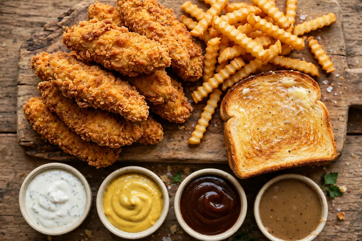 Layne's Chicken Fingers secret menu guide: crispy chicken fingers, crinkle-cut fries, Texas toast and dipping sauces