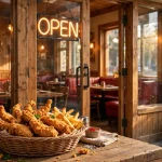 Layne's Chicken Fingers hours - storefront with glowing OPEN sign at opening time