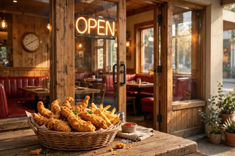 Layne's Chicken Fingers hours - storefront with glowing OPEN sign at opening time