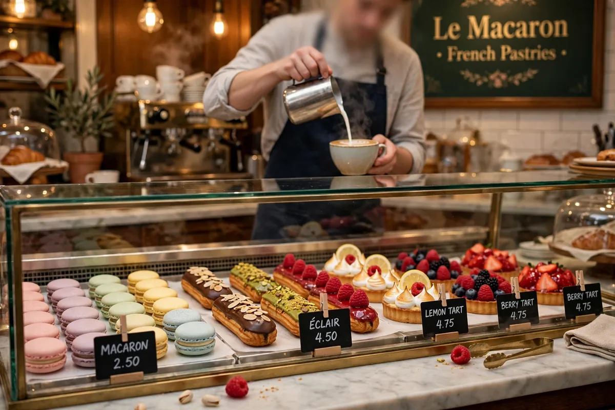 Le Macaron French Pastries menu prices - Parisian café interior with glass display case of colorful macarons and éclairs