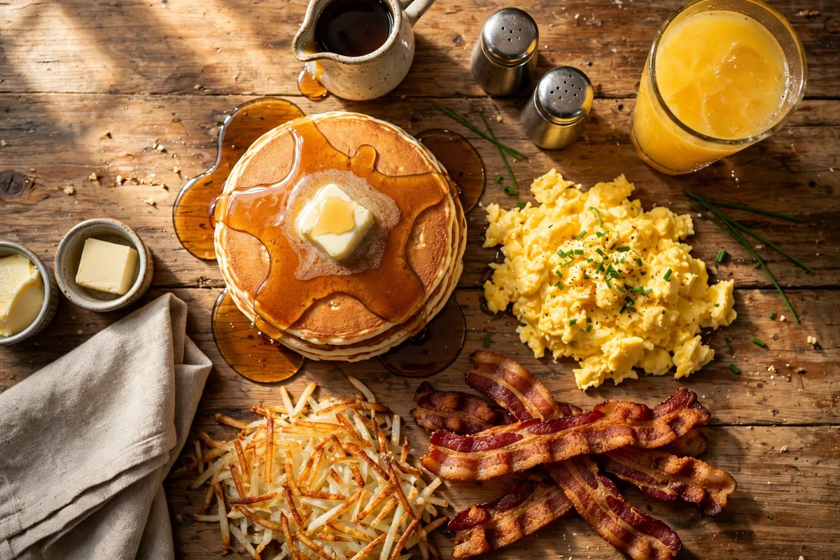 Le Peep menu prices 2026 breakfast spread pancakes eggs bacon