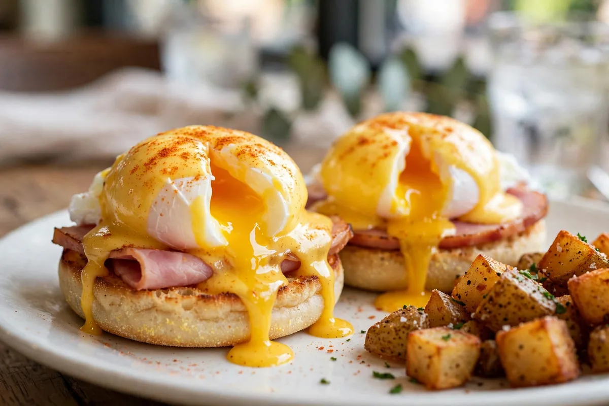 Le Peep menu eggs benedict with hollandaise and breakfast potatoes
