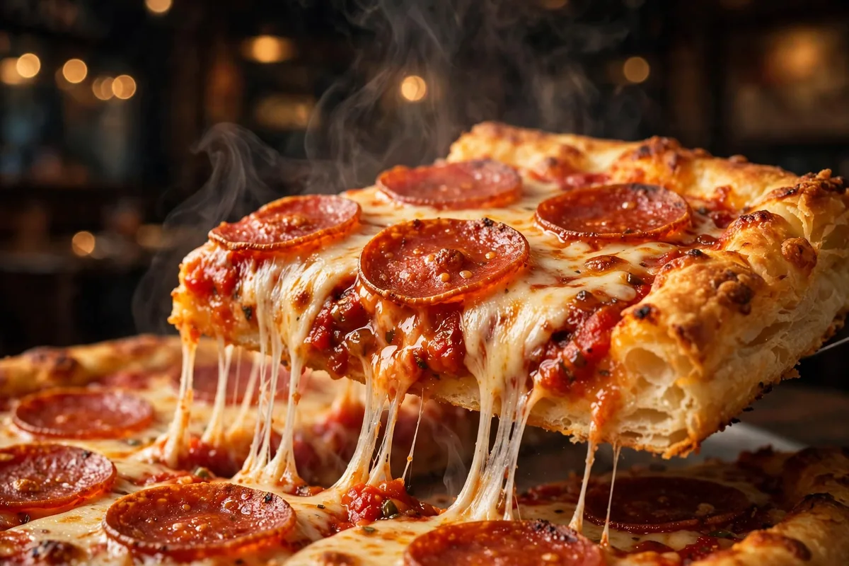 Ledo Pizza square pepperoni slice with melted cheese pull