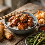Leeann Chin menu: bourbon chicken bowl with egg rolls and cream cheese puffs