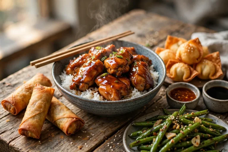 Leeann Chin menu: bourbon chicken bowl with egg rolls and cream cheese puffs