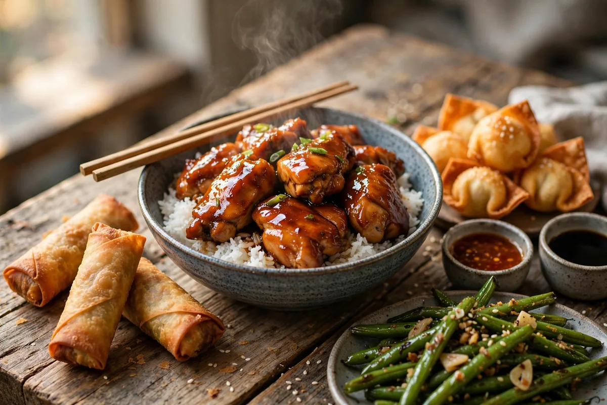 Leeann Chin menu: bourbon chicken bowl with egg rolls and cream cheese puffs
