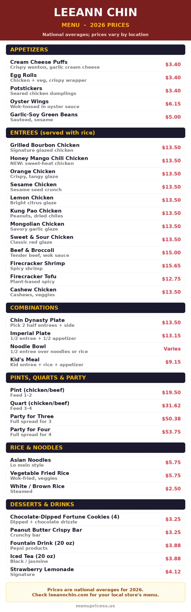 Leeann Chin menu prices card 2026 with full menu and prices