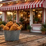 Lee's Famous Recipe Chicken storefront with a bucket of crispy golden fried chicken