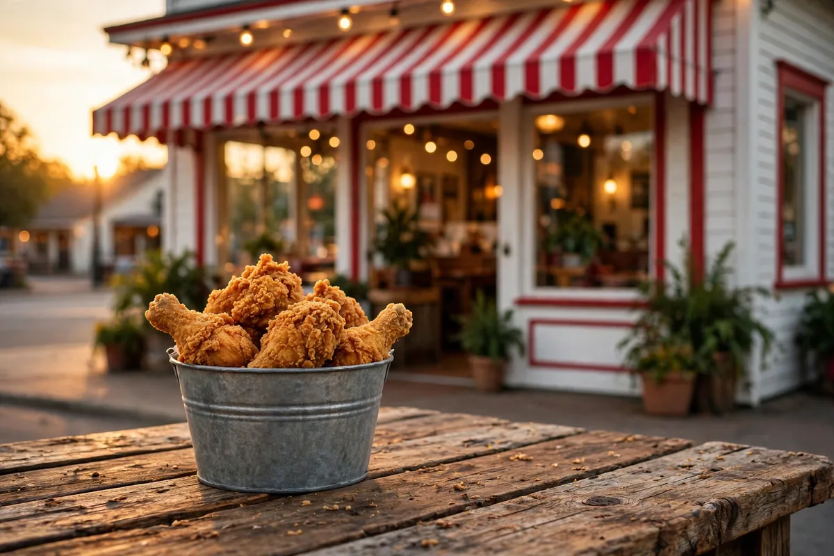 Lee's Famous Recipe Chicken storefront with a bucket of crispy golden fried chicken