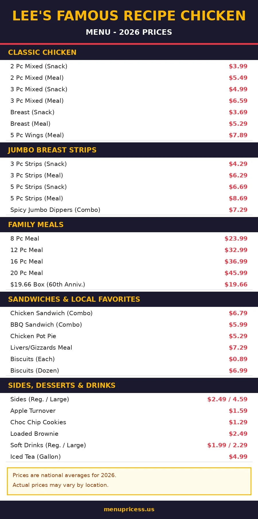 Lee's Famous Recipe Chicken menu with prices 2026 card