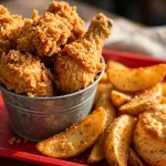 Bucket of golden fried chicken with potato wedges and a biscuit on a red tray