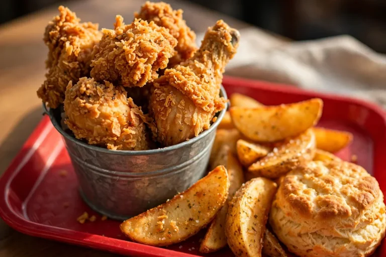Bucket of golden fried chicken with potato wedges and a biscuit on a red tray