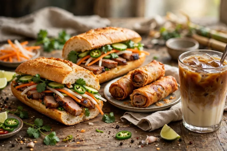 lees sandwiches menu prices 2026 banh mi spread with egg rolls and iced coffee