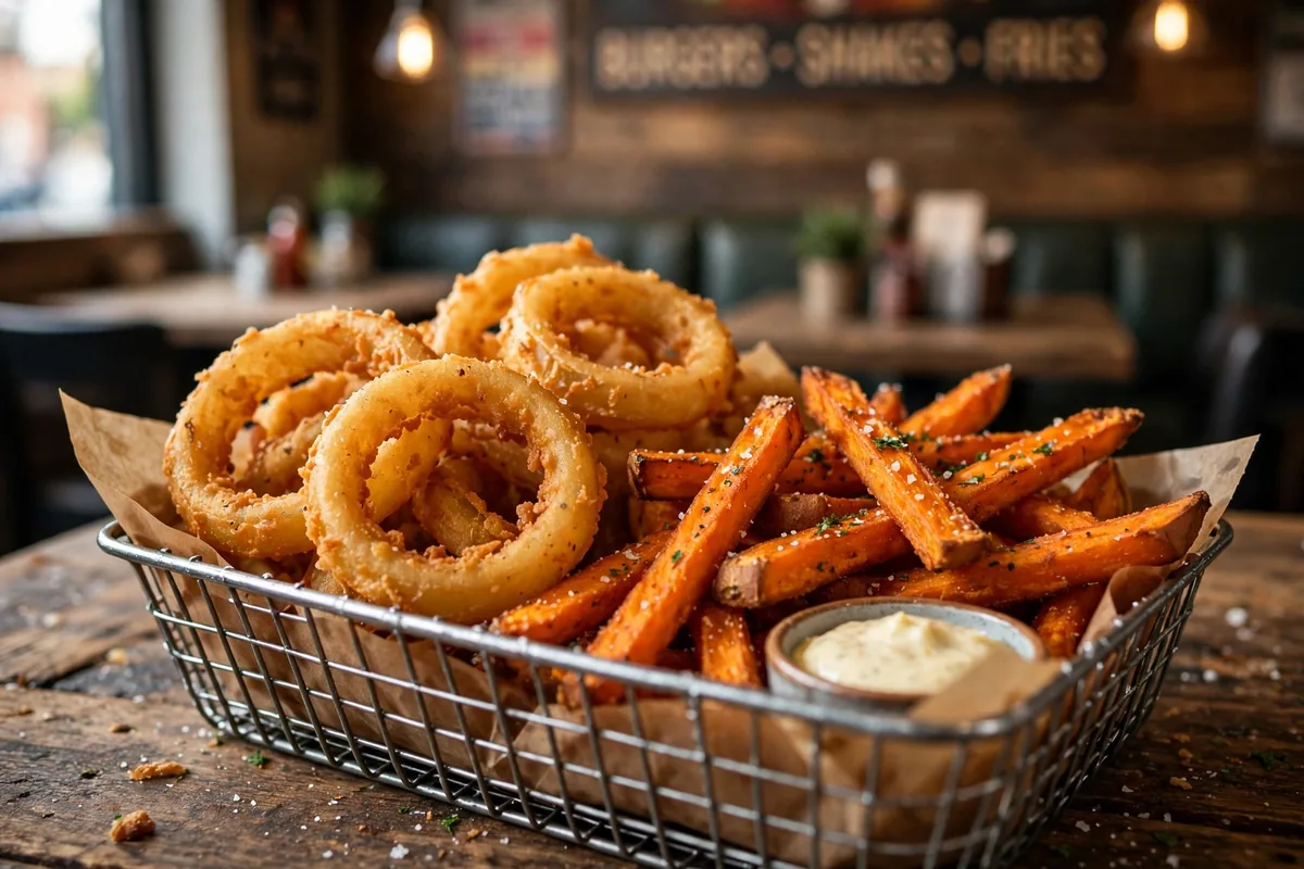Crispy onion rings and sweet potato fries at Liberty Burger